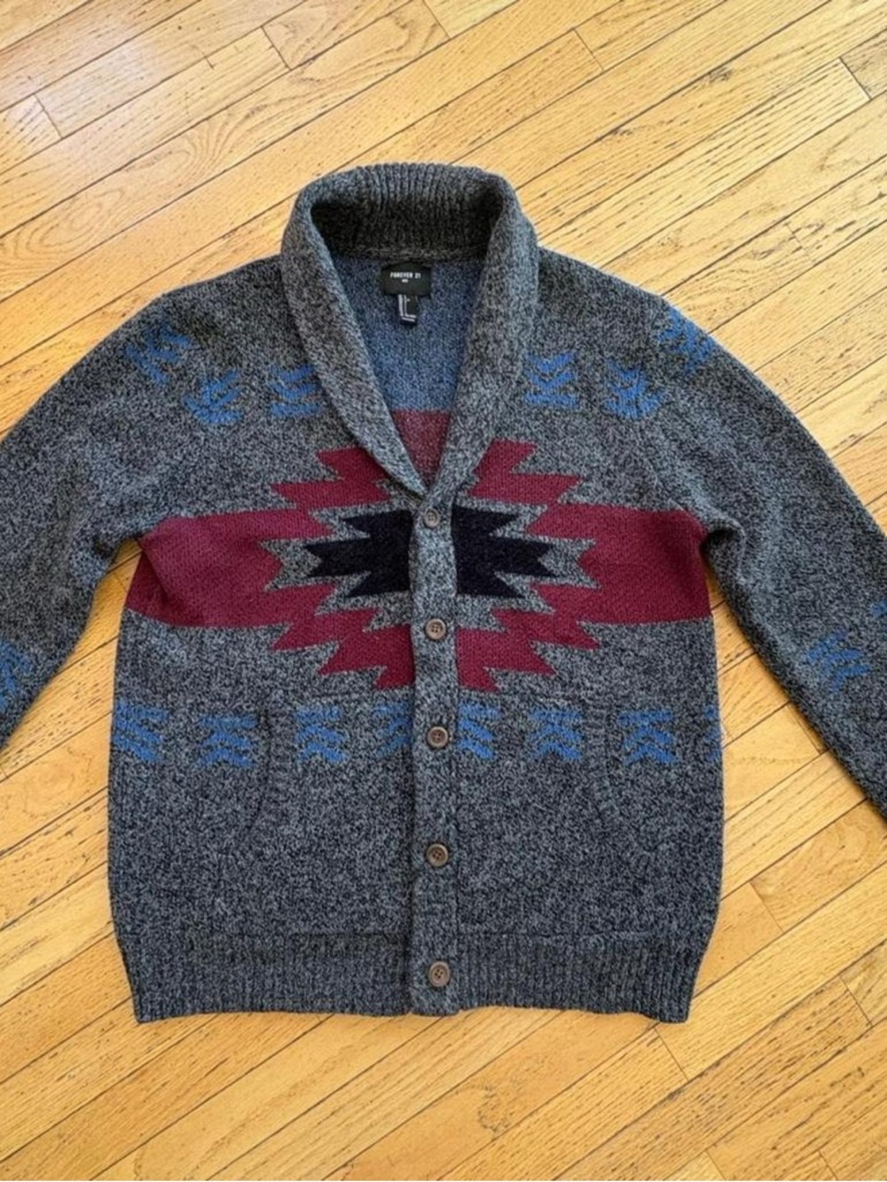 Forever 21 Gray Shawl Collar Cardigan with Burgundy & Blue Pattern